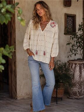 Earthbound Embroidered Gauze Peasant Top Small Boho Tassel Floral Blouse